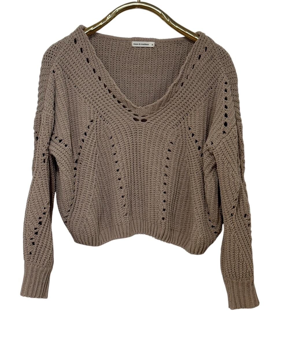 Moon & Madison Tan Crop V-Neck Sweater Boho S
